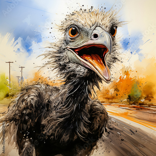 watercolor rendering of an ostrich photo