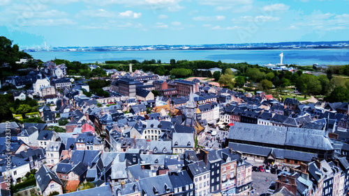 Foto Drone panorama of Honfleur town with lghthouse on entrance of bay , Seine river