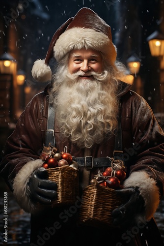 Santa is walking down a city street, with gifts, winter, snow, holiday decorations