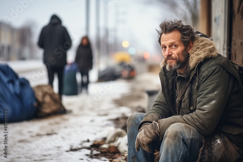 Sad homeless man sitting on the street in winter. Homelessness concept. photo