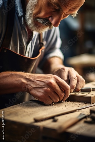 A man in antique table manufacturing workshop. Concentration, small business and expert carpentry, woodwork for sustainable wood project design. Furniture restoration