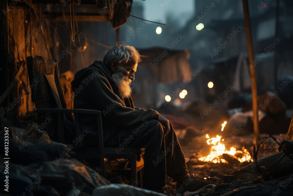 Sad homeless man sitting on the street in winter. Homelessness concept.