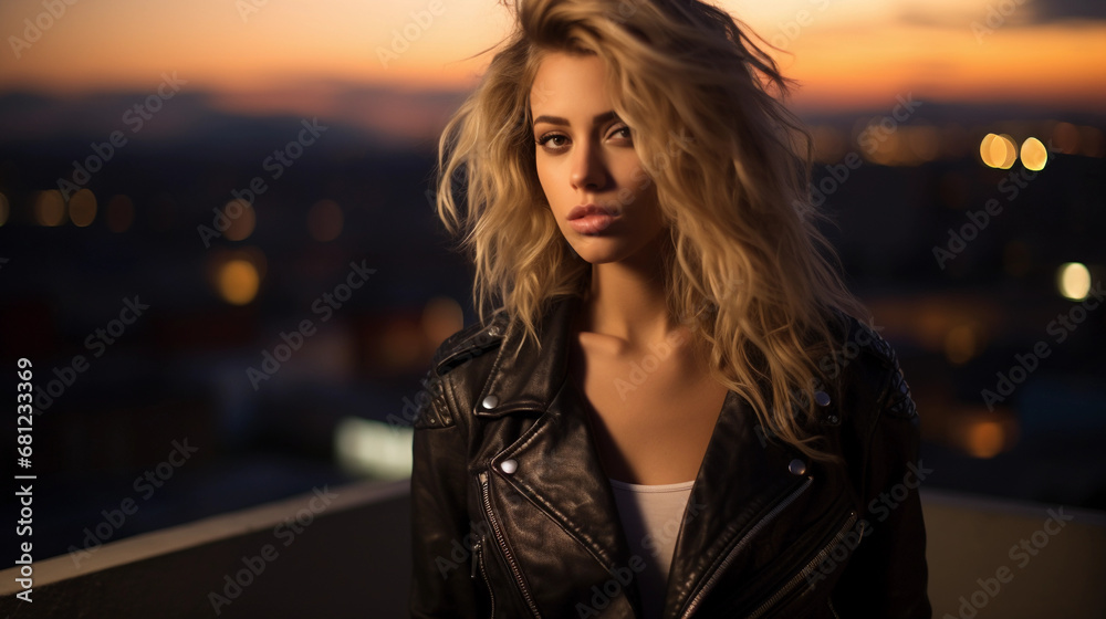 Edgy urban glamour portrait, leather jacket, bold graphic eyeliner, tousled hair, cityscape backdrop