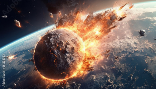 Destroying of planet by asteroid impact with huge explosion.