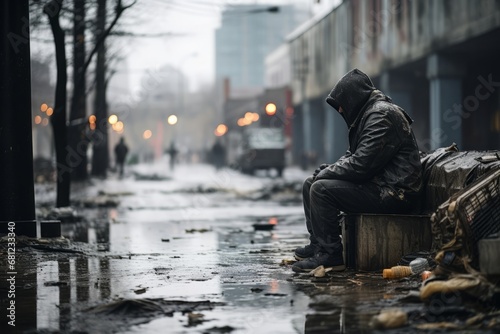 Sad homeless man sitting on the street in winter. Homelessness concept.