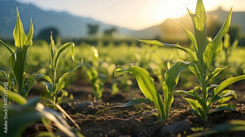 A plant in a field with the sun beaming down. Agriculture shaping our future food sources. Generative AI photo