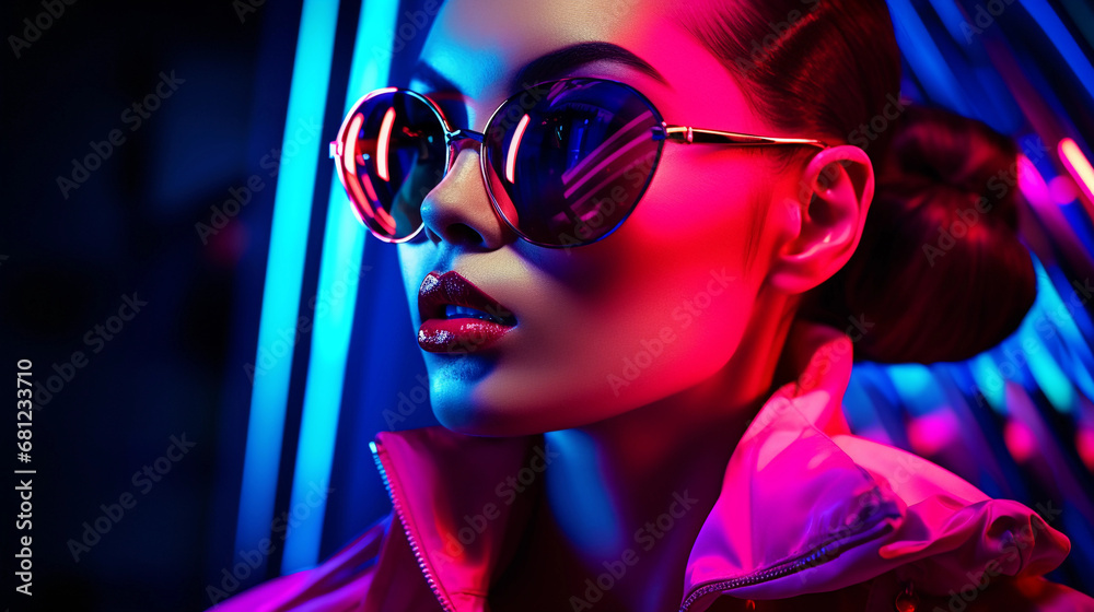 Modern glamour portrait with a futuristic twist, metallic eyeshadow, high-tech accessories, neon lights reflecting on glossed skin Modern glamour portrait with a futuristic twist, metallic eyeshadow, high-tech accessories, neon lights reflecting on glossed skin