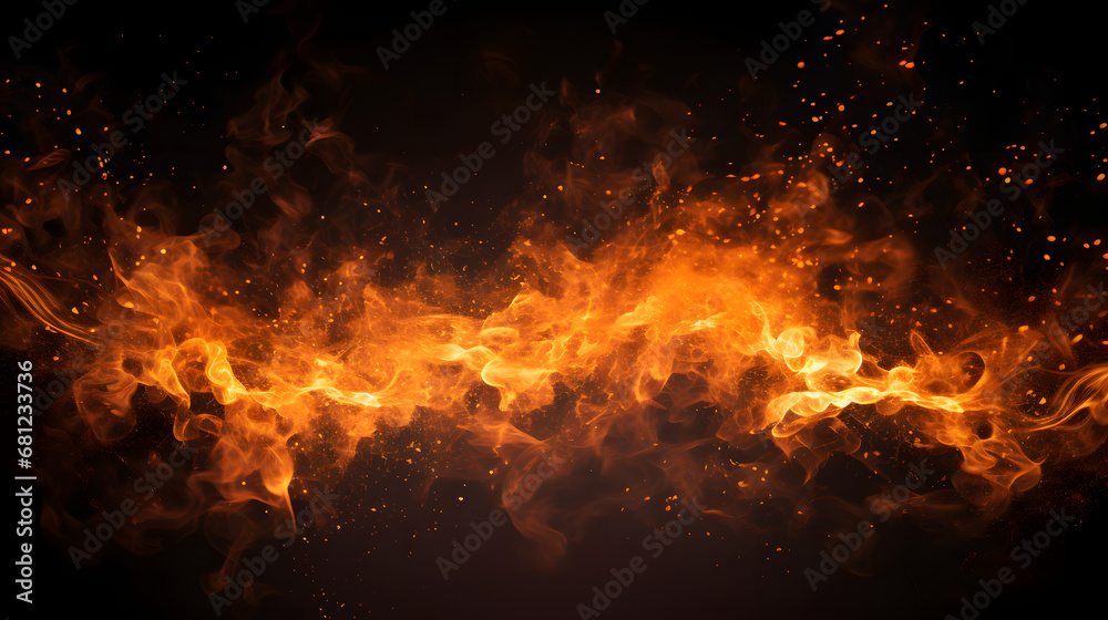 Fire sparks particles with flames isolated on black background. Very high resolution generativ ai
