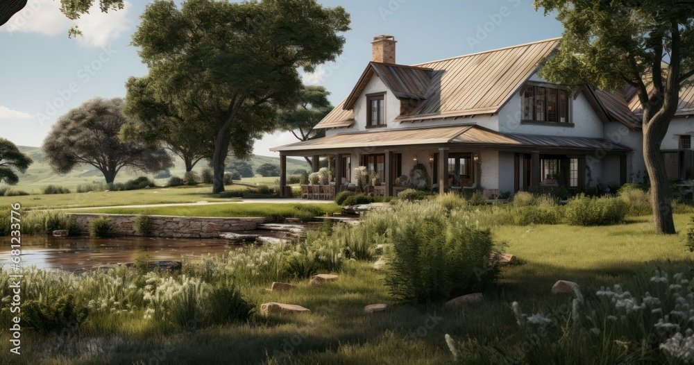 The Peaceful Charm of a Farmhouse Tucked Away in the Rural Landscape. Generative AI