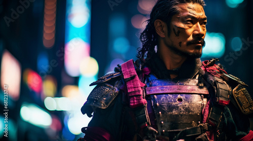 Modern Samurai Warrior in Tokyo: A hyper-realistic portrait of a samurai in traditional armor juxtaposed against the neon-lit streets of modern Tokyo at night