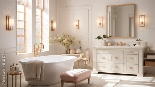 Bask in the sophisticated ambiance created by elegant bathroom lighting. A beautiful luxury bathroom scene complemented by lots of gold and white. Generative AI