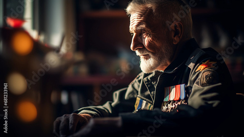 Veteran Soldier with Pride and Sorrow: Photorealistic profile portrait of an old veteran soldier, adorned with medals, deep in thought, blurred background of military memorabilia