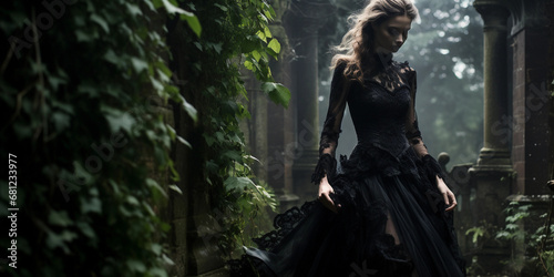 Victorian Lady in a Gothic Garden: An ethereal full-length portrait of a Victorian lady in a black lace gown, standing amidst a dark, gothic garden with overgrown ivy and moody, misty ambiance
