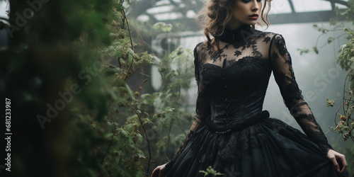 Victorian Lady in a Gothic Garden: An ethereal full-length portrait of a Victorian lady in a black lace gown, standing amidst a dark, gothic garden with overgrown ivy and moody, misty ambiance