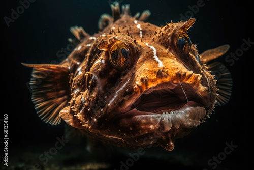 Deep-water fish at the bottom of the ocean. A scary fish with big teeth. Underwater world. Generative AI
