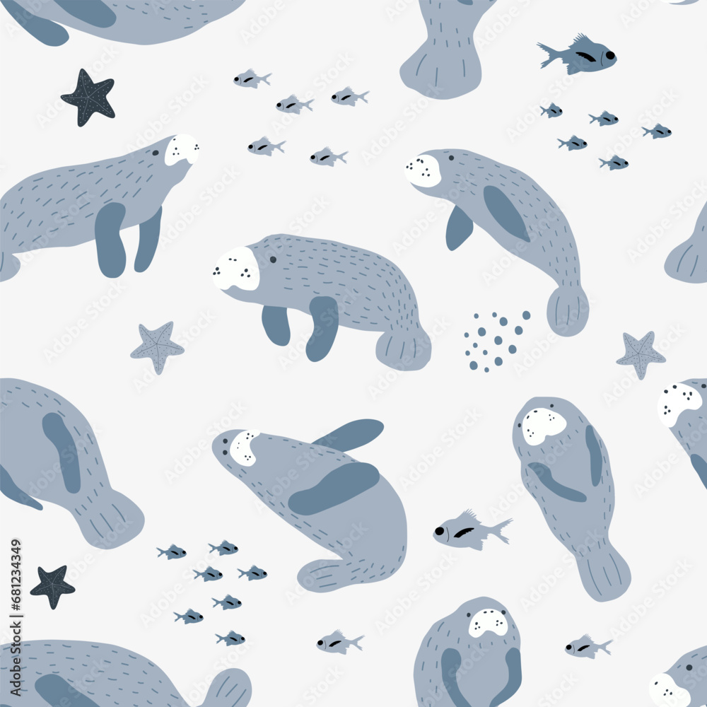 Manatee. Ocean animals seamless pattern. Cute scandi background for fabric, wrapping, textile, wallpaper, apparel.