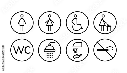 Toilet line icon set. WC sign. Restroom for male, female, disabled persons.  Vector illustration.