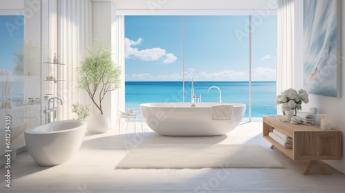 A Luxurious Bathroom Offering Panoramic Views of Tranquil Ocean Waves. Generative AI © lander