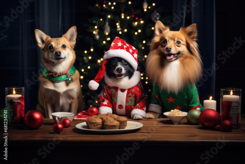 Chihuahua and Collie sitting on a christmas table with cookies
