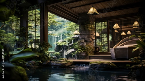 Experience tranquility in a spa with a refreshing garden view. Generative AI © lander