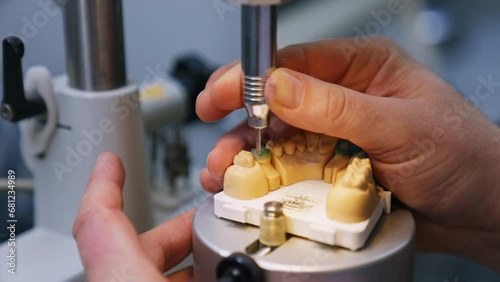 Manufacturing the model of denture. Close up. Technician's hands operating the machine tool for denture production. photo
