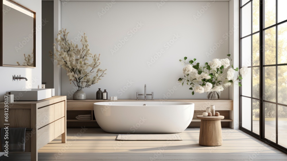 Fototapeta premium Creating a Space of Elegant Simplicity with Minimalist Bathroom Fixtures. Generative AI