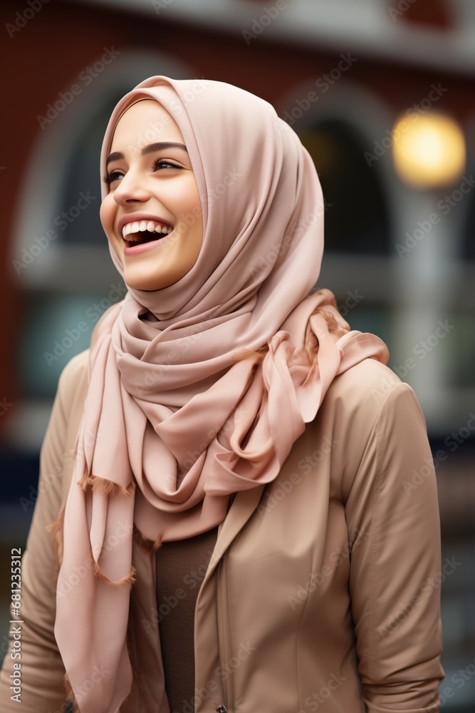 happy young muslim woman in beige coat and hijab smiling at camera happy young muslim woman in beige coat and hijab smiling at camera