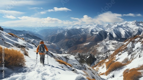 Trekking in the winter landscape. Concept: Skiing, family vacation in snow-capped mountains, winter resort on an alpine slope, recreational ski orienteering.