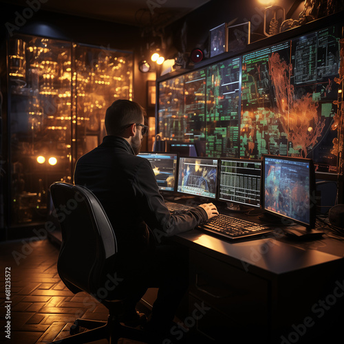 features a cybersecurity expert sitting in front of a screen, focused on code and data patterns. The scene highlights the role of professionals in monitoring and securing digital systems. photo