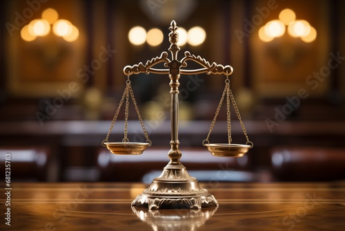 Scales of justice on wooden table in courtroom. Law and justice concept.