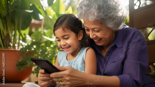 A heartwarming moment of a Hispanic grandmother learning to use technology with her grandchild photo