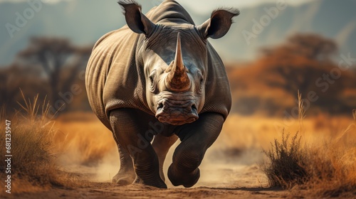 Powerful Rhino. Impressive rhinoceros in motion on its natural habitat. Generative AI