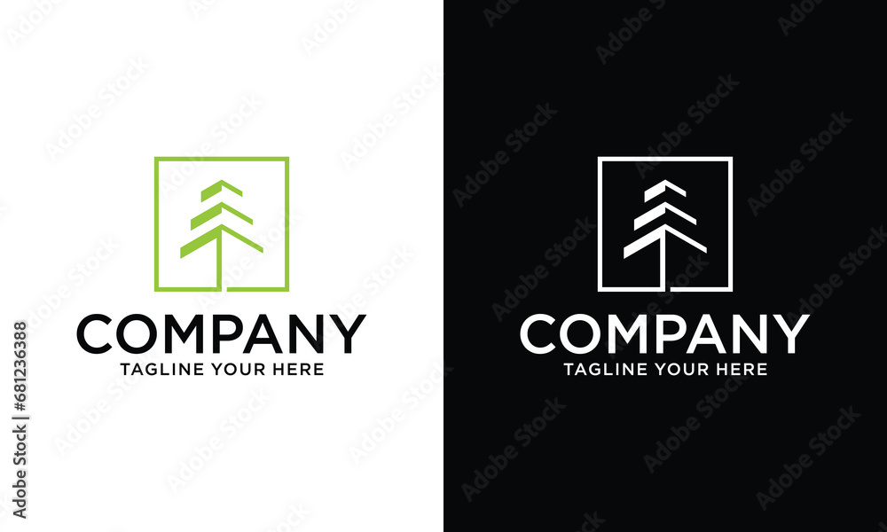 pine tree logo line art on a black and white background. Stock Vector ...