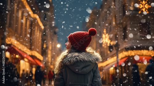 A little girl standing on a street with Christmas lights and snow in the background Generative AI