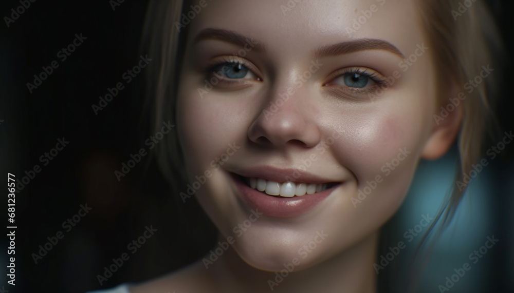 One beautiful woman, smiling with confidence, in a headshot portrait generated by AI One beautiful woman, smiling with confidence, in a headshot portrait generated by AI