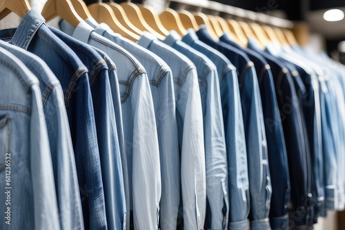 Jeans or denim jackets hanging on rack in clothes shop. Fashion product collection in clothing store for selling.Textile industry and business concept. jaGenerative AI