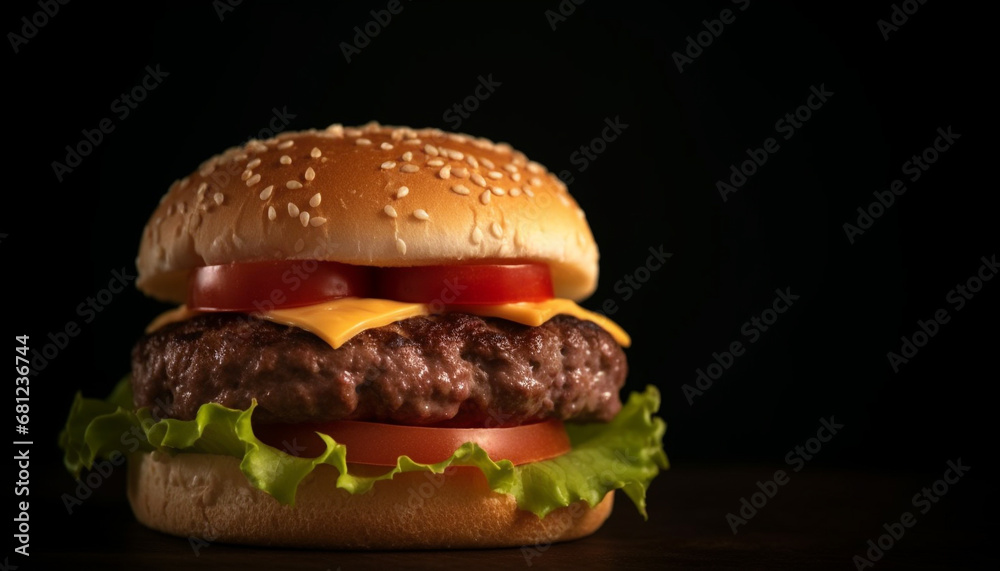 Grilled cheeseburger on sesame bun with fresh tomato and fries generated by AI Grilled cheeseburger on sesame bun with fresh tomato and fries generated by AI