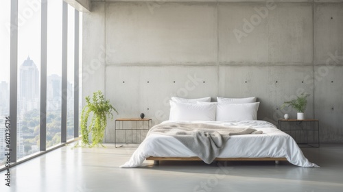 Minimalist Urban Bedroom. minimalist urban bedroom, low-profile platform bed with crisp white linens. concrete walls, large windows, monochromatic color. photo