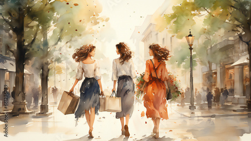 Beautiful tree woman, friends with shopping bags in the city-sale, shopping, tourism and happy people concept, in watercolor cartoon style