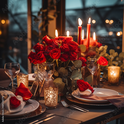 Romantic table setting with flowers and candles, romantic dinner