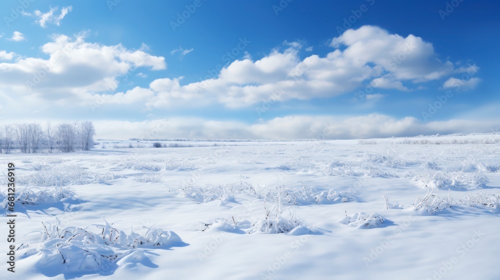 The Expansive Field Cloaked in Fresh Snow, Shimmering Under the Warmth of the Sun. Generative AI The Expansive Field Cloaked in Fresh Snow, Shimmering Under the Warmth of the Sun. Generative AI