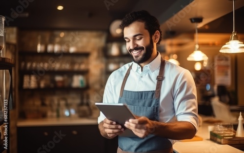 Cafe waiter reading on digital tablet, scroll through inventory list and check stock, small business.