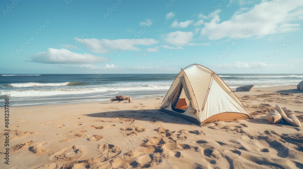 The Unique Harmony of Calming Waves and Warm Sands as You Camp Along the Shore. Generative AI