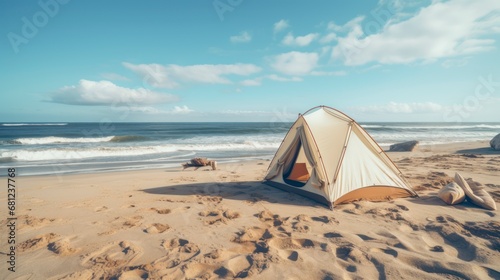 The Unique Harmony of Calming Waves and Warm Sands as You Camp Along the Shore. Generative AI