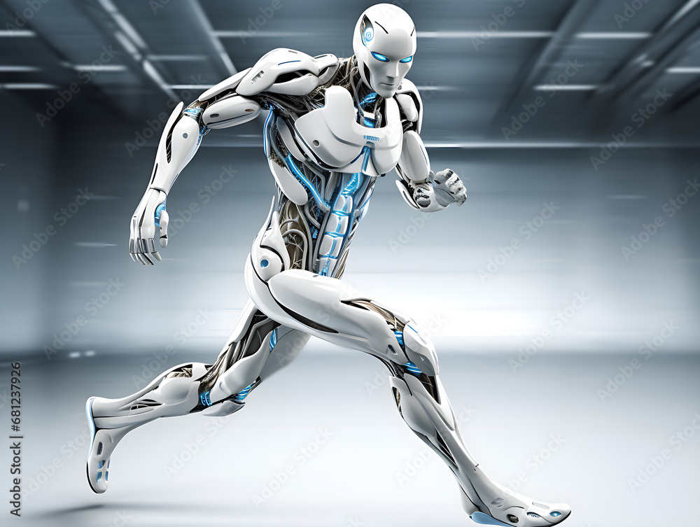 plastic humanoid robot running or jumping isolated on white background. futuristic android robot run on white background. running robot, sports and cyborg competitions. Generative ai plastic humanoid robot running or jumping isolated on white background. futuristic android robot run on white background. running robot, sports and cyborg competitions. Generative ai