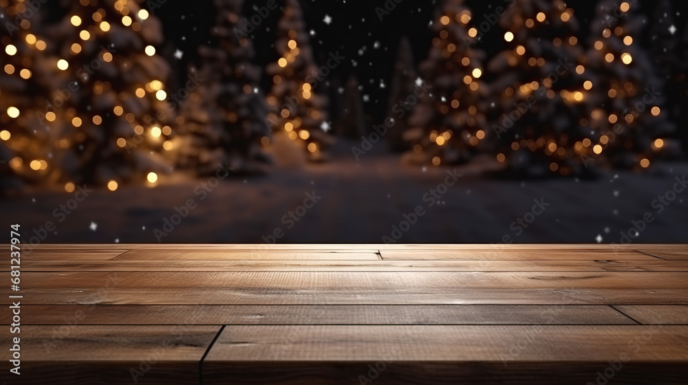 Obraz premium Empty wooden table in front of Christmas trees decorated with lights Generative AI