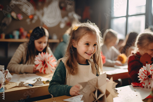 A child's hands making an origami figure, surrounded by paper art and holiday lights