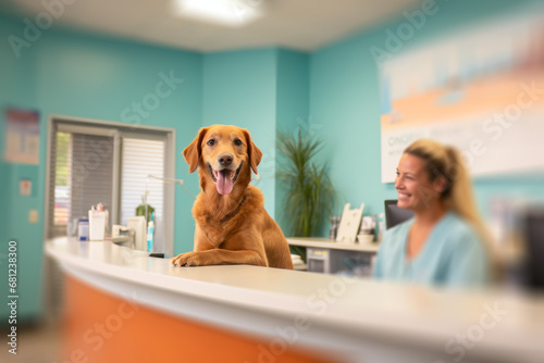 veterinary clinic for animals, dog at reception generative ai