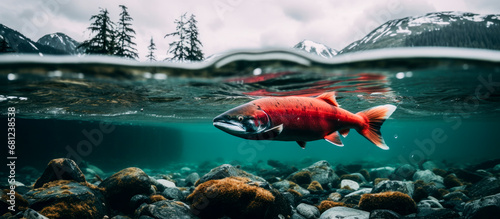 Wild sockeye salmon (Oncorhynchus nerka) swimming in a high mountain river photo