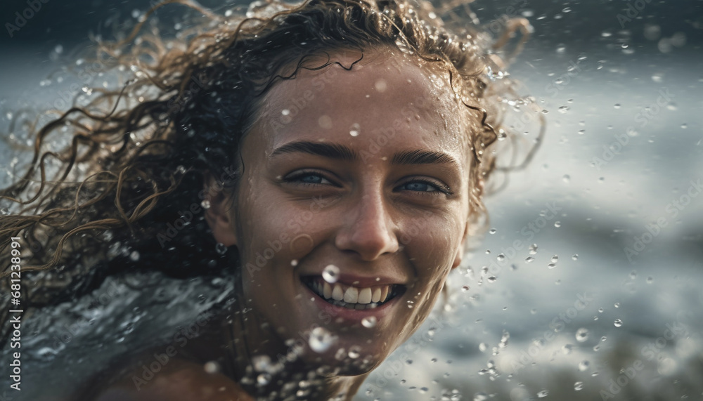 Smiling young woman enjoys playful water splashing in nature outdoors generated by AI Smiling young woman enjoys playful water splashing in nature outdoors generated by AI